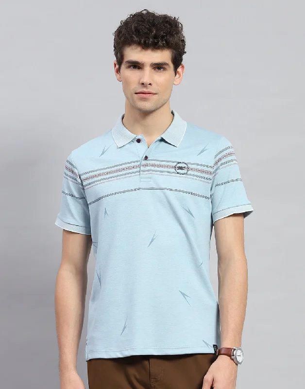 men's casual polos-Men Sky Blue Printed Polo Collar Half Sleeve T-Shirt