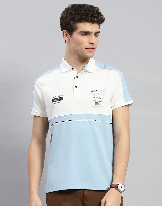 men's leather shorts-Men Sky Blue Printed Polo Collar Half Sleeve T-Shirt