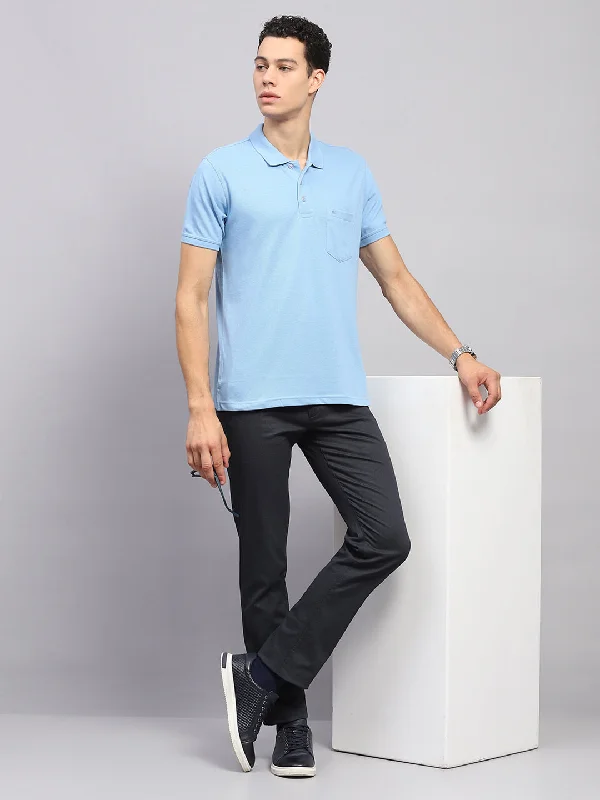 men's long-sleeve polos-Men Sky Blue Solid Polo Collar Half Sleeve T-Shirt