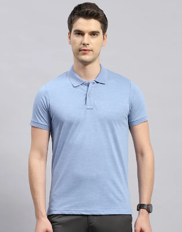 men's hiking sweaters-Men Sky Blue Solid Polo Collar Half Sleeve T-Shirt