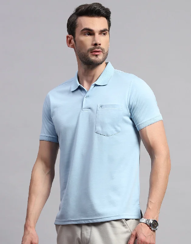 men's plaid polos-Men Sky Blue Solid Polo Collar Half Sleeve T-Shirt