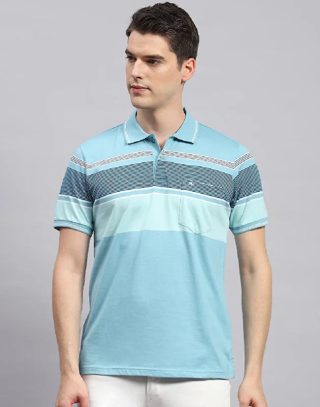 men's denim shorts-Men Sky Blue Stripe Polo Collar Half Sleeve T-Shirt