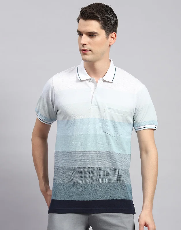 men's softshell shorts-Men Sky Blue Stripe Polo Collar Half Sleeve T-Shirt