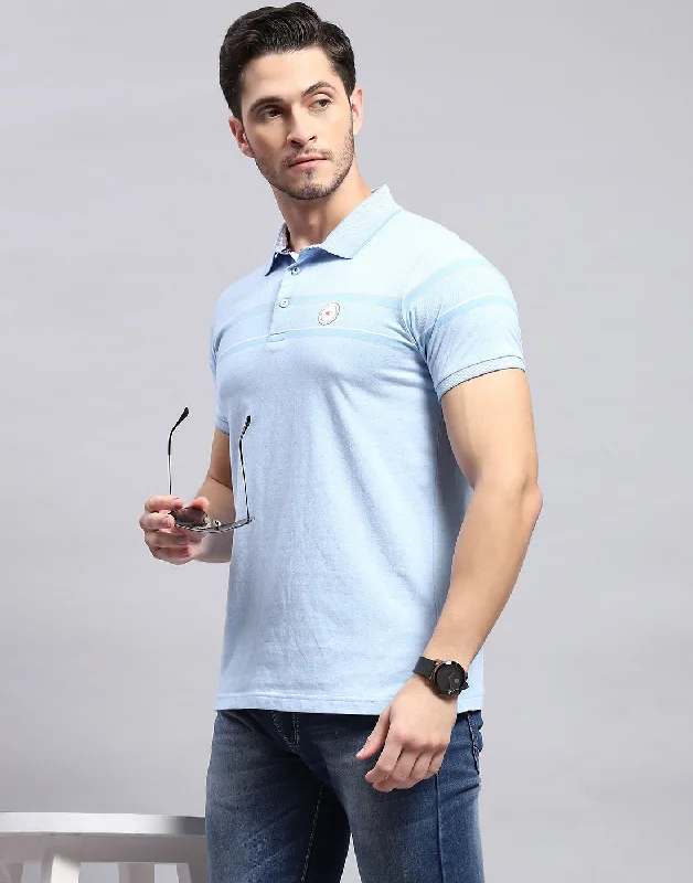 men's lightweight polos-Men Sky Blue Stripe Polo Collar Half Sleeve T-Shirt