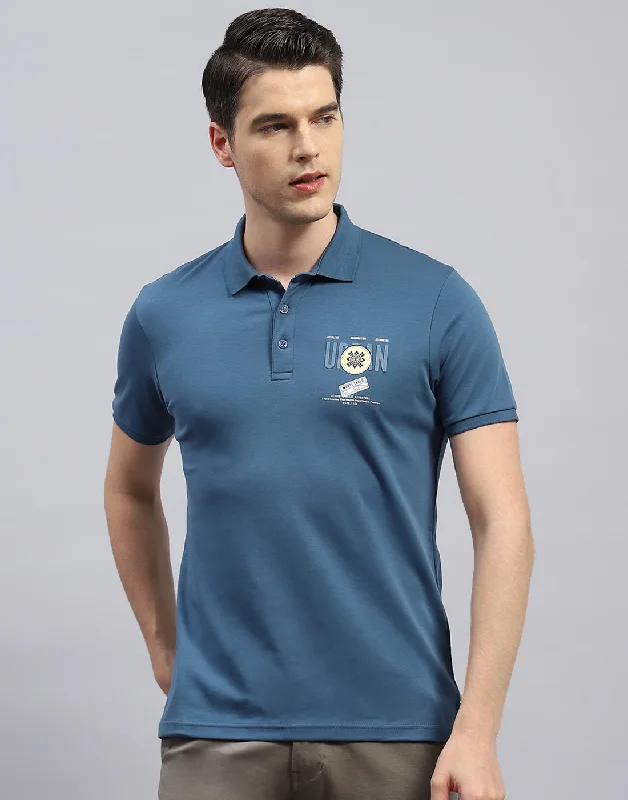 men's white hoodies-Men Teal Blue Printed Polo Collar Half Sleeve T-Shirt