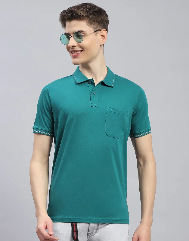 men's lightweight hoodies-Men Teal Blue Solid Polo Collar Half Sleeve T-Shirt