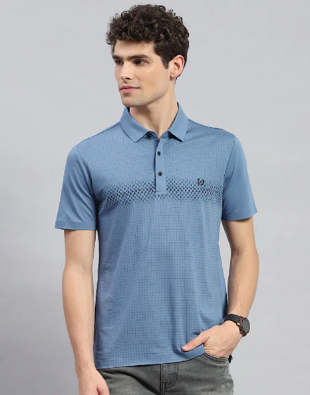 men's lightweight shorts-Men Teal Blue Solid Polo Collar Half Sleeve T-Shirt