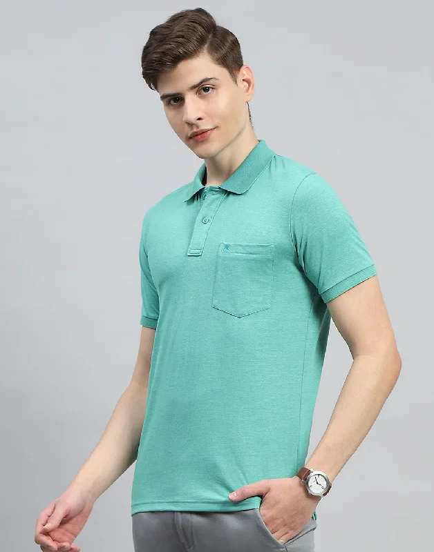 men's tailored vests-Men Turquoise Blue Solid Polo Collar Half Sleeve T-Shirt