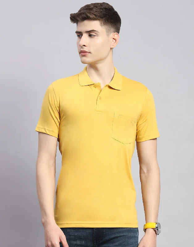 men's bespoke suits-Men Yellow Solid Polo Collar Half Sleeve T-Shirt