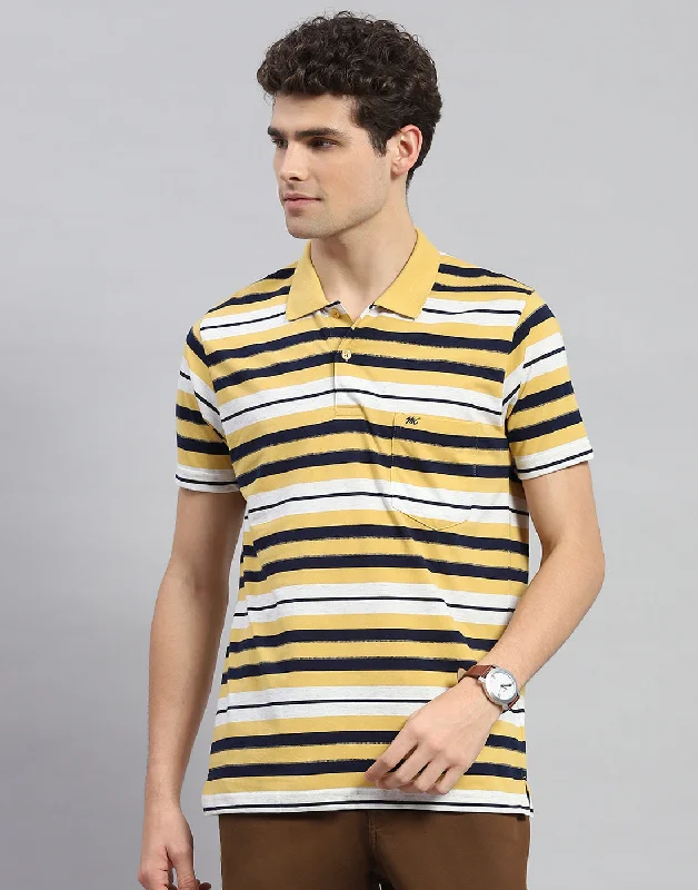 men's performance tees-Men Yellow Stripe Polo Collar Half Sleeve T-Shirt