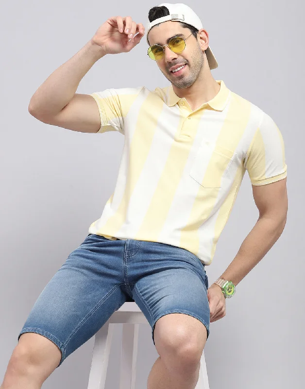 men's boxer briefs-Men Yellow Stripe Polo Collar Half Sleeve T-Shirt