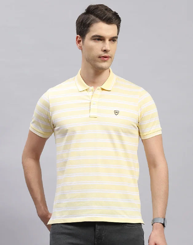 men's striped hoodies-Men Yellow Stripe Polo Collar Half Sleeve T-Shirt