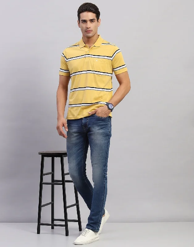 men's ribbed jackets-Men Yellow Stripe Polo Collar Half Sleeve T-Shirt