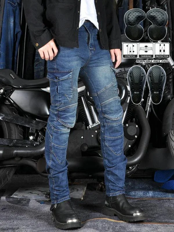 men's checkered jackets-Denim cycling pants with removable armor