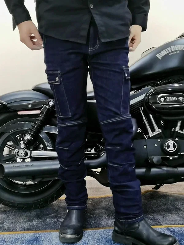 men's black sneakers-Men’s High-Stretch Motocross Cargo Jeans with Detachable Black Silicone Knee & Hip Protectors