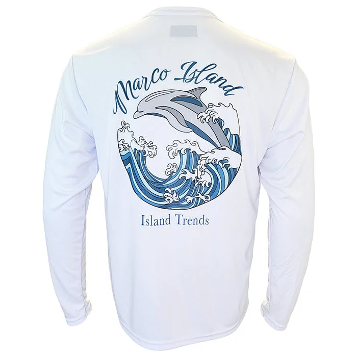 men's checkered blazers-Island Trends Marco Island Dolphin Wave Long Sleeve Performance T-Shirt - White