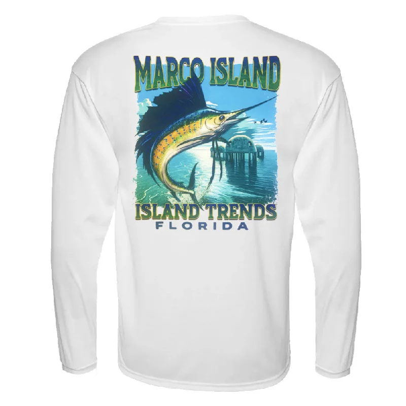 men's long parkas-Island Trends Marco Island Marlin Dome Long Sleeve Performance T-Shirt - White